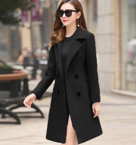 30–50% Cotton Double-Breasted Long Coat – Women – Black – worn